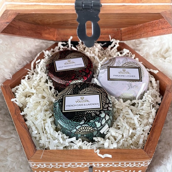 Voluspa candle set (3) comes in beautiful  hand painted wood gift box.